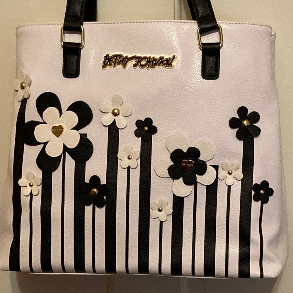 Betsey Johnson NEW Large Black & White Floral Stripe Tote Hard to Find! RaRe!